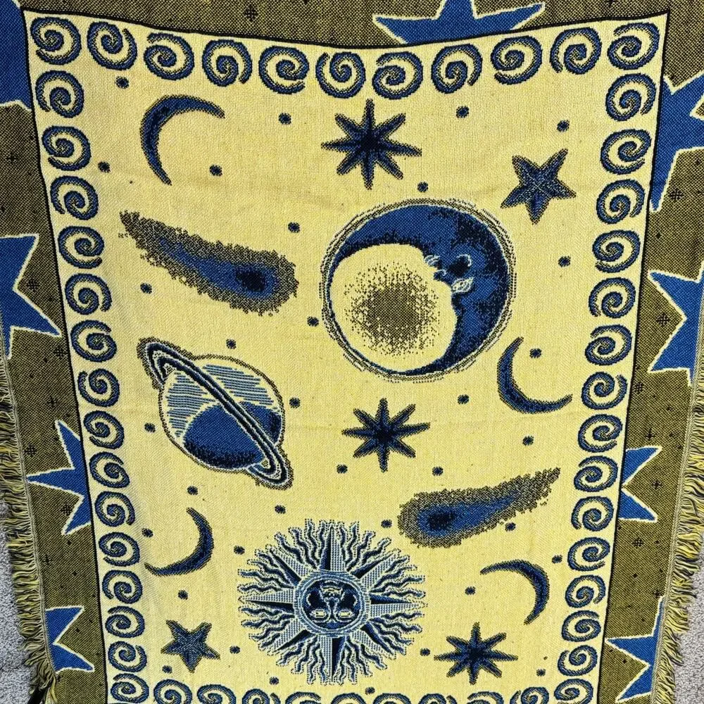 Vintage 90's Celestial Sun Moon Stars Throw Blanket Decor Reversible Fringed